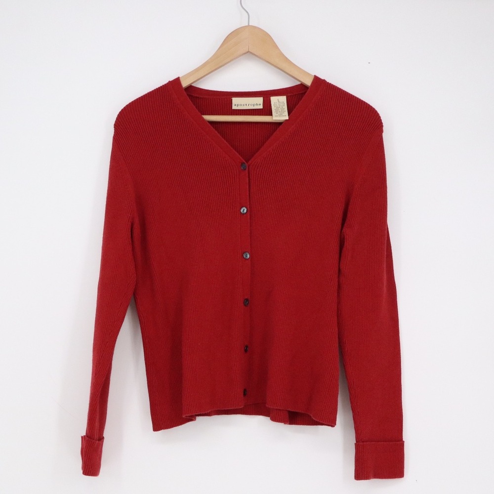 Apostrophe Red Ribbed Knit Button Front V-Neck Cardigan Sweater Womens Large